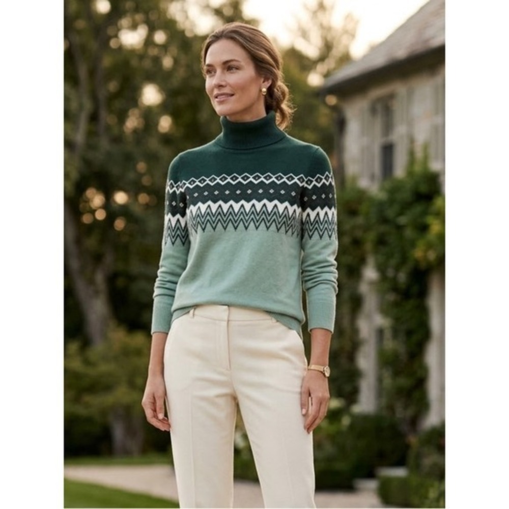 LL Bean Green Fair Isle Cotton Cashmere Turtleneck Sweater L Tall Quiet Luxury